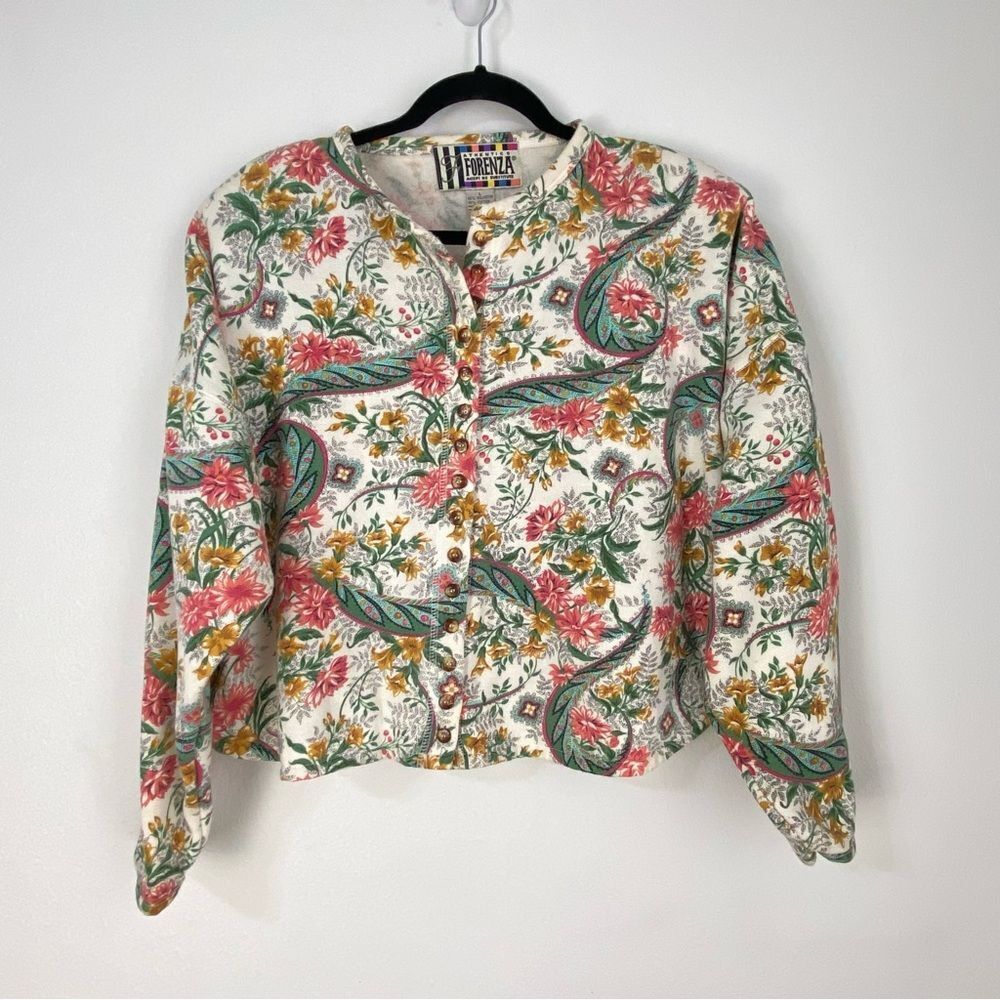 Forenza Womens L‎ Sweatshirt White Floral Paisley Cropped Button-Up Cottagecore